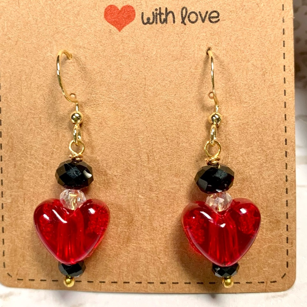 ❤️5 for $15 Red Heart Black Crystal Handcrafted Dangle Gold Earrings